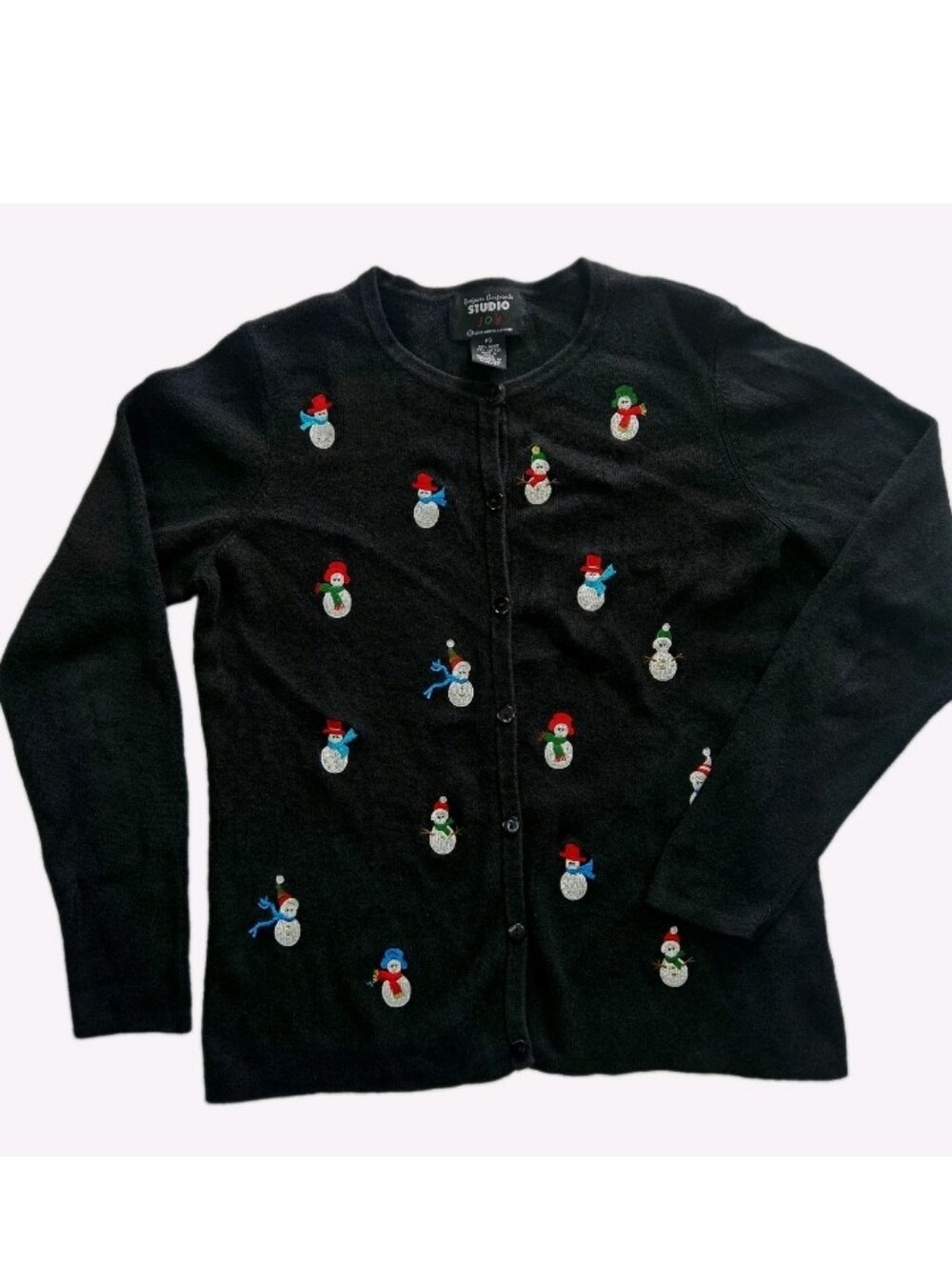 Designers Originals Studio Joy Snowman Embroidered Cardigan Sweater Size PS Vtg